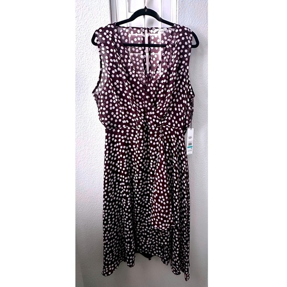Calvin Klein Women's Burgandy White Polkadot Sleeveless Midi Dress Size 16 NEW - Picture 2 of 13